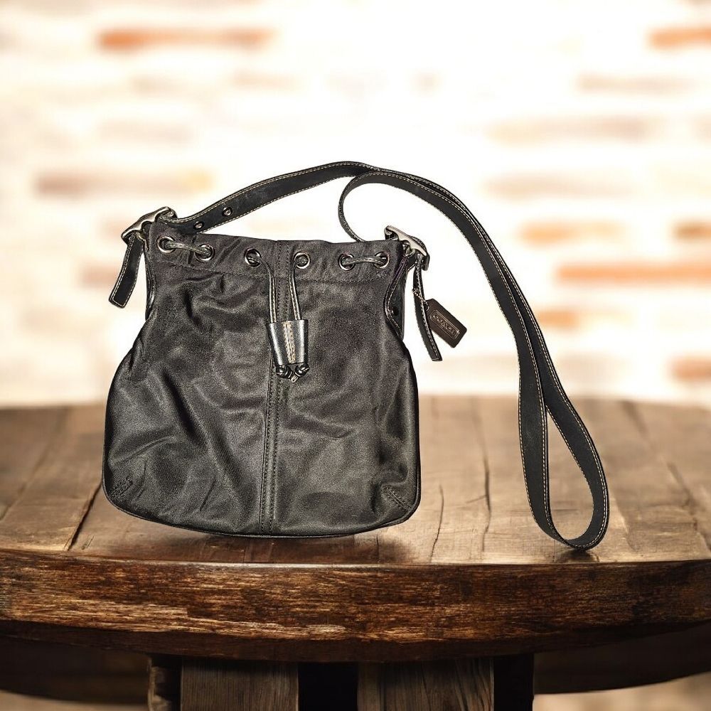 Vintage Coach Black Nylon Drawstring Shoulder Bag with Leather Trim
